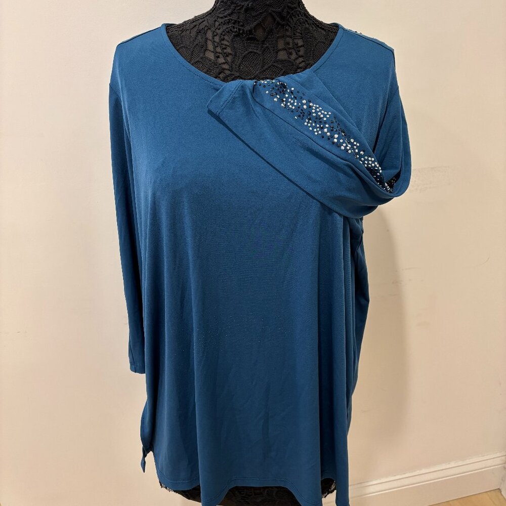 Deep blue Susan Graver Liquid Knit tunic, sparkly studded sleeves, XL 🎁 Sale 🎁